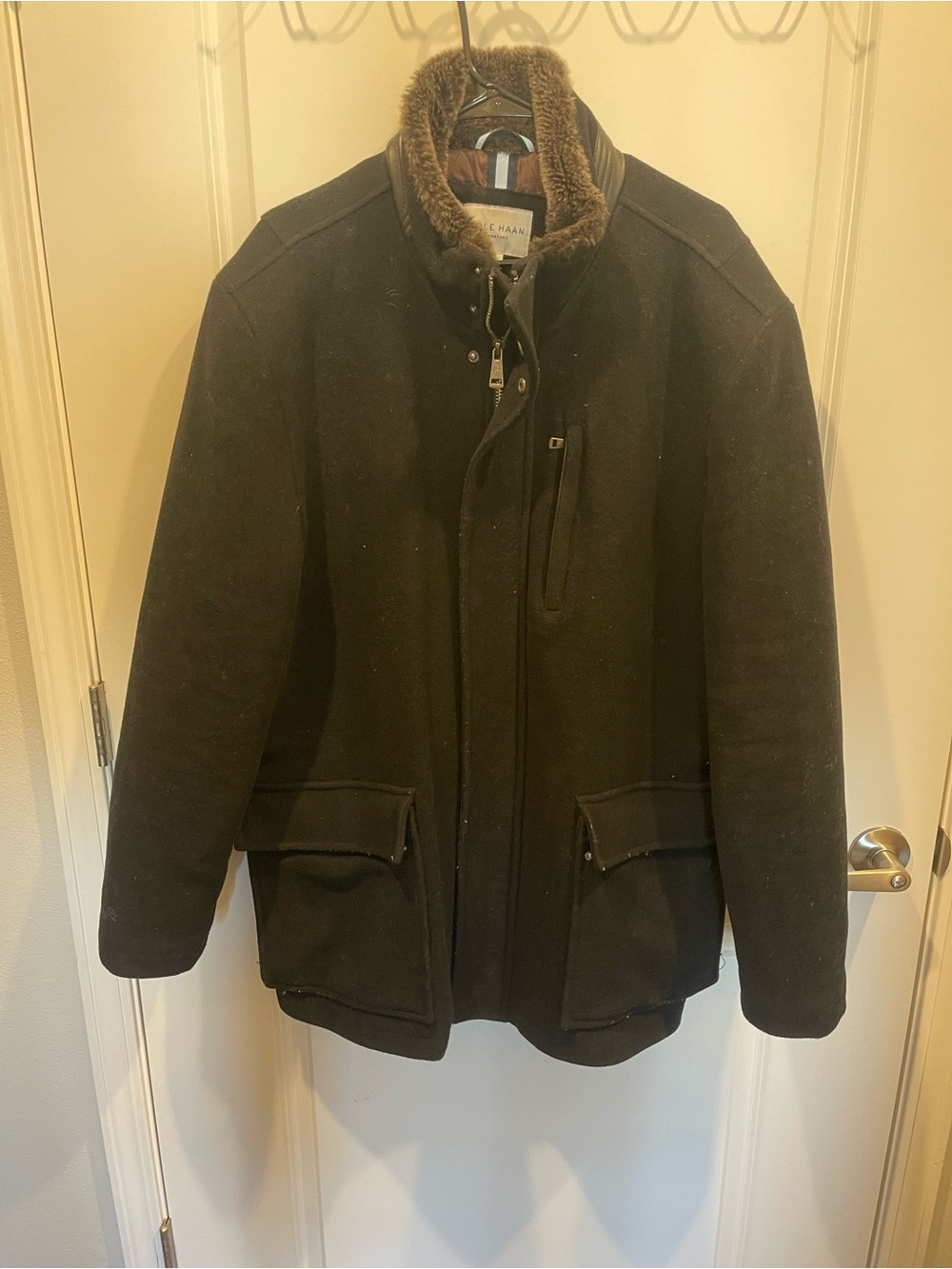 Cole Haan Men's Dark Jacket with Fur Trim